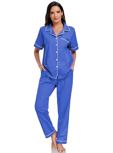 EA'S SECRET Womens Pajama Sets 100% Cotton Short Sleeve Shirt and Pajama Pants Soft Sleepwear Loungewear Button Down Pj Set (Blue,XL) — view 3