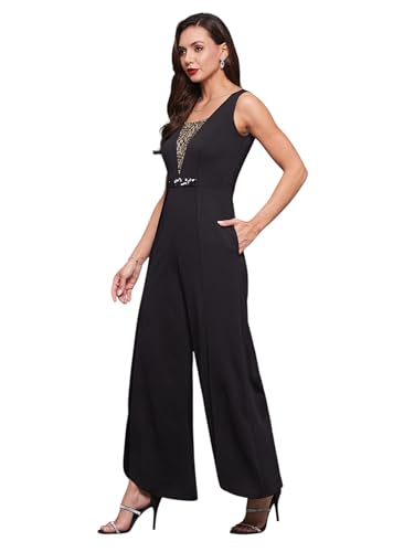 Image of Miss Chase Women's Halter Neck Sleeveless Solid Wide Leg Sequin Paneled Regular Length Jumpsuit
