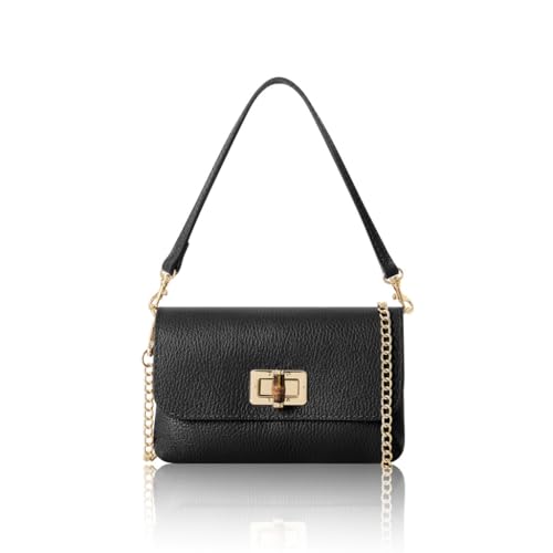 Image of Montte Di Jinne Italian Genuine Leather Mini Crossbody Bag – Turn-Lock Closure, Shoulder & Chain Strap (BLACK)