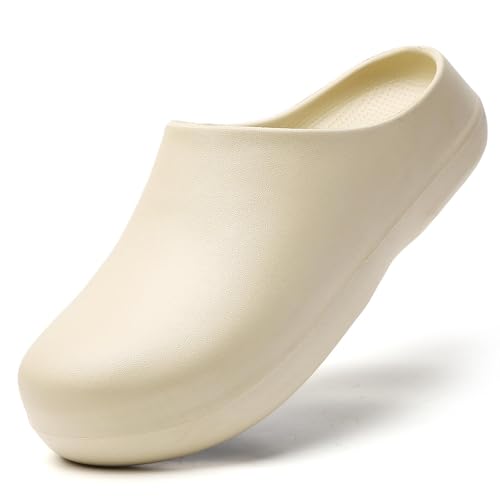 FRTUBOP rutschfeste Arbeitsschuhe Clogs für Damen Herren – wasserdichte Ölbeständige Kochschuhe mit Gummi Antirutschsohle, für Küche, Krankenhaus, Pflege, Gastronomie, Garten, Beige 42/43