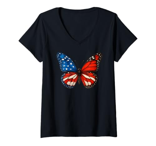 Womens Butterfly USA Flag 4th July Patriotic Independence Day V-Neck T-Shirt
