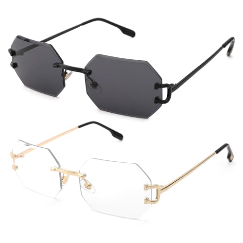 Rimless Sunglasses for Men Women -Octagon Frameless Sun Glasses Black Shade Polygon Tinted Eyewear4