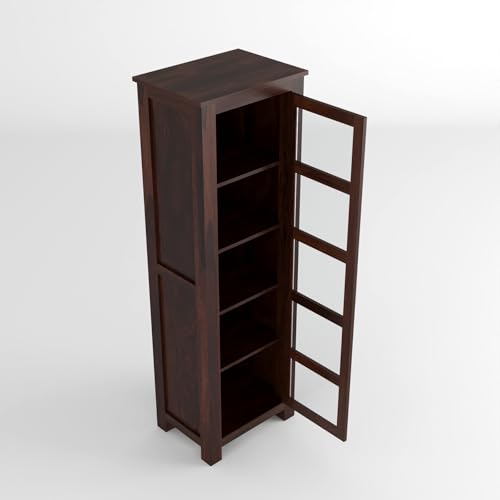 Image of Sheesham Wood Corner Book Shelf with Acrylic Glass Door | Wooden Sideboard Crockery Cabinet with 5 Shelf Storage | Kitchen Display Unit | Bookshelf for Home Library | Walnut Finish