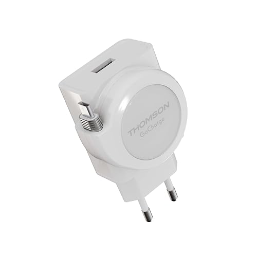 THOMSON Go Charger Cargador Rápido 22,5W con USB C y USB A, Cable Retráctil de 90 cm (6 Longitudes), Compatible con iPhone y Android, Power Delivery, Quick Charge 3.0, Diseño Compacto, Blanco