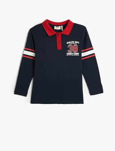 T-shirt polo manches longues marine pour garçon en coton style varsity