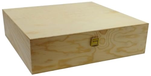 Cassetta per vino per 4 bottiglie -scatola in legno compensato con coperchio, 4 scomparti interni, 33,9cm x 35,5 cm x 9,3 cm, con chiusura in metallo dorato, ideale anche per il fai da te