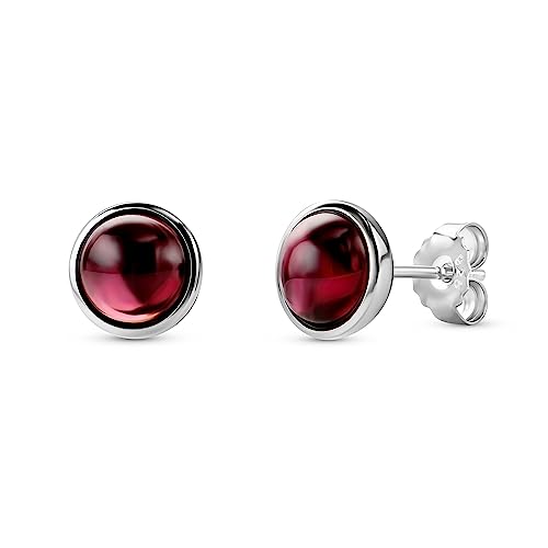 Orovi Joyas Mujer Redondo Granate Pendientes con Piedras Preciosas/Piedras de Nacimiento Granada Roja Redonda Natural/Púrpura Amatista Pendientes Clásicos Intemporales de Plata de Ley 925, Plata,