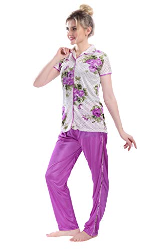 Image of Printed Night Suit for Women - Flower Print Satin Shirt and Pyjama Set (Front Open Collar Night Suit)