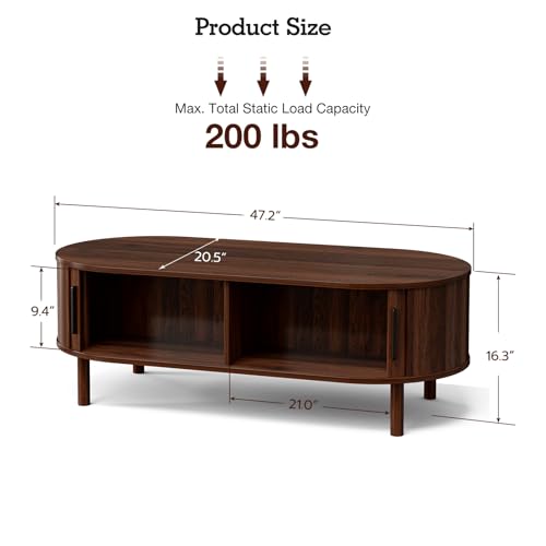 Image of ZttRiee Oval Coffee Table with Sliding Doors, Mid-Century, Walnut | 47.24 inchL x 21.65 inchW x 16.14 inchH, 200 lbs capacity, 2 front & back storage areas, ~60 min assembly