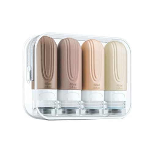 トラベルボトル 2025年新型 トラベルセット 一目でわかる 特殊な三重フタ構造 詰め替えボトル 携帯便利 旅行用 出張用 シャンプーボトル 収納ポーチ付 ブラシ 4本セット (クリーム色, 60ml)