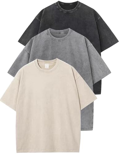 Flygo 3 Pack Men Oversized T Shirts Acid Washed Unisex Tee Loose Fit Short Sleeve Casual Streetwear Baggy Basic Tops(Black+Grey+Beige 3XL)