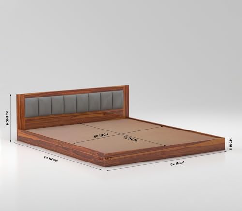 Image of Solid Sheesham Wood Queen Size Bed Without Storage for Bedroom Living Room Home Hotel Wooden Double Bed Cot Palang with Cushion Headboard Home Furniture (Honey Finish)