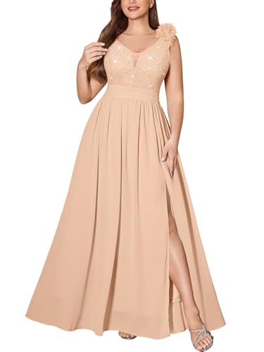 MISSMAY Women's Plus Size Sequined Lace V Neck Sleeveless Slit Vintage Evening Party Formal Maxi Dress