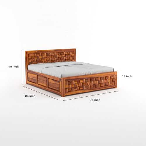 Image of Furniture Sheesham Wood Queen Size Bed with Storage Box | Wooden Box Bed Queen Size Double Cot Bed with Storage for Bedroom | Premium Niwar Design Headboard Bed for Living Room | Honey Finish