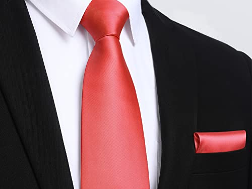 Image of HISDERN Mens Solid Color Ties Formal Satin Necktie and Pocket Square Set Classic Wedding Business Tie & Handkerchief