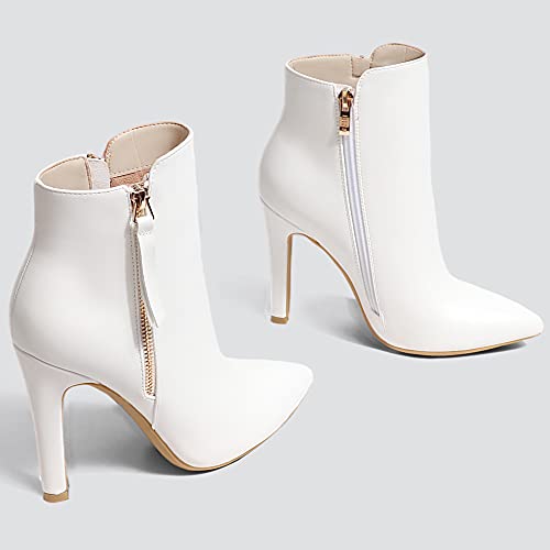 Idifu Women's Stiletto High Heels Fashion Ankle Boots Pointed Toe With Zipper Sexy Booties For Women Party Evening (White Pu, 8.5 M Us) #TOP2