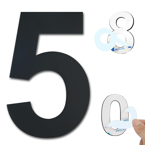 Ywonoby Número de casa - 6 pulgadas 152 mm de metal autoadhesivo de acero inoxidable etiqueta de número de casa para el buzón de la casa Apartamento Hotel Patio - Negro (5)