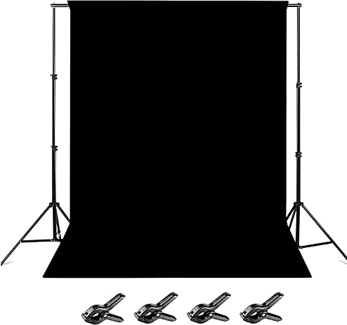 Black Screen Backdrop with Stand, 6 x 9' Wide Black Screen Backdrop with 8.5 x 10' Photo Background Holder, Photo Background Holder Kit Includes Carry Bag and 4 Clips