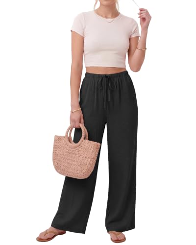 Image of ZOOSIXX Wide Leg Pants for Women - Palazzo Flowy Lounge Lightweight Summer Drawstring Trousers with Pockets Beach Vacation