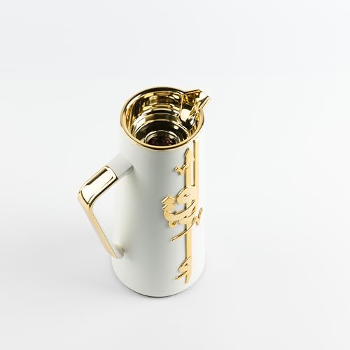 Liqa'a Vacuum Flask Thermos 1L Real Gold Plated Luxury Heat Retention Over 12 Hours Elegant Gift Ready Premium Coffee Tea Server By Otantik Home (Pearl White & Gold)