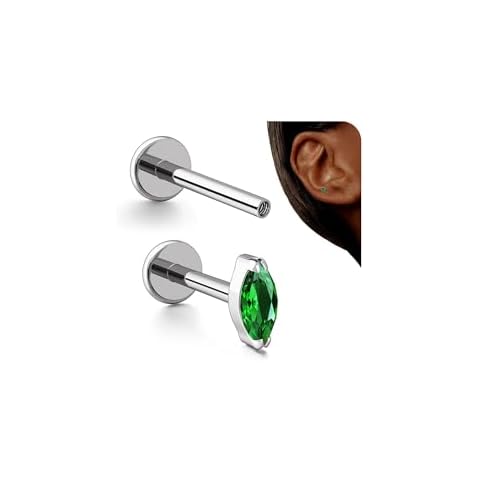 BodyBonita 16G Silver Stud Earrings Flat Back - G23 Titanium Internal Thread Emerald Cartilage Earrings for Women CZ Stud Piercing Jewelry Tragus/Helix/Conch/Medusa/Lip/Labret/Nose 6mm 8mm Cover
