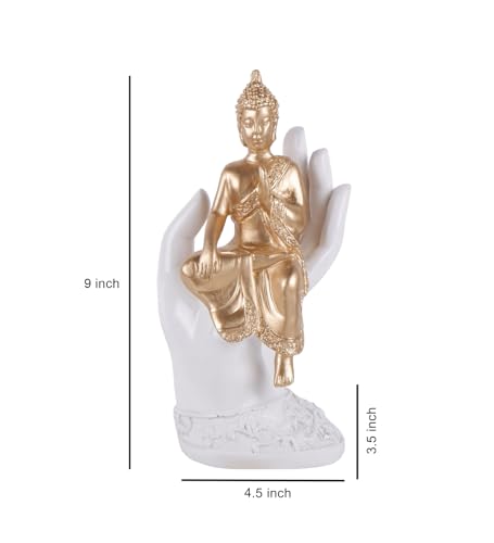 Image of THE WHITE INK DECOR Golden Enlightenment: Buddha Cradled in Graceful White Hand, Palm Buddha Hand Statues Idol for Home, Office, Living Room Decor and Mandir Pooja Room and Diwali Decor (9 inches)