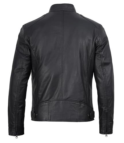 Image of fjackets Mens Leather Jacket - Real Lambskin Cafe Racer Jacket Stand Collar Moto Biker Zip Jacket For Men