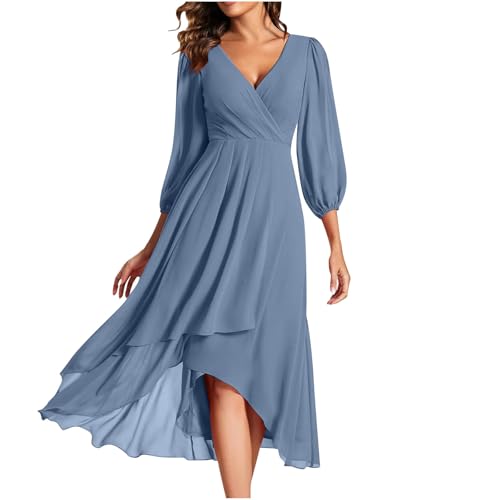 Women's Chiffon Formal Dress Casual Lantern Sleeve Wrap V Neck Maxi Dress  Ruffle High Low Wedding Guest Flowy Dress Blue : Clothing, Shoes & Jewelry 