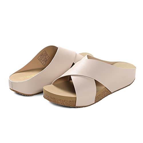 DREAM PAIRS Women's Cork Slide Sandals Slip on Open Toe Cute Platform Criss Cross Flat Sandals for Summer,Size 10,Pink/PU,SDSS2218W