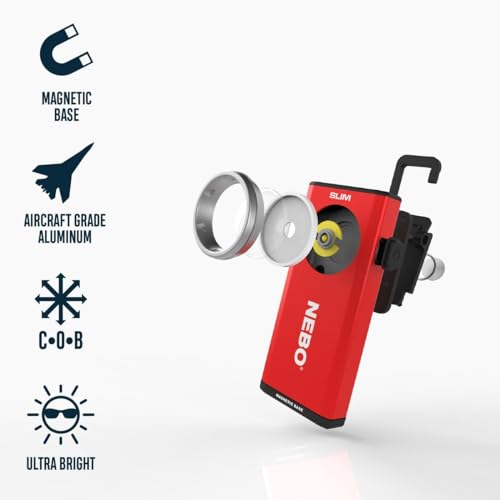 NEBO Slim Pocket Flashlight | 500 Lumens, Rechargeable Mini EDC Work Light, Magnetic Base & Dimmable Brightness, Durable & Water Resistant, Includes Charging Cable — Red - Thumbnail 2