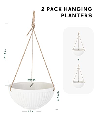 Ladovita Large 10 Inch Hanging Planters Indoor with Pot, Hanging Pots for Plants, Outdoor Hanging Baskets, Hanging Flower Pot with Drainage Hole, Set of 2, Frosted White