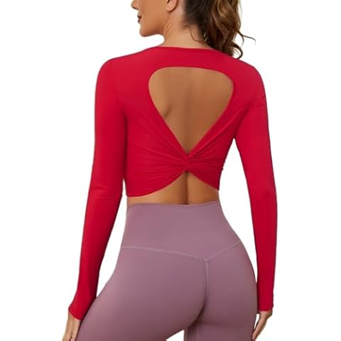 Loovoo Ladies Twist Back Yoga Top Trendy Long Sleeve Outfit Women Red Round Neck Going Out Thumb Hole Shirts Red S Cover