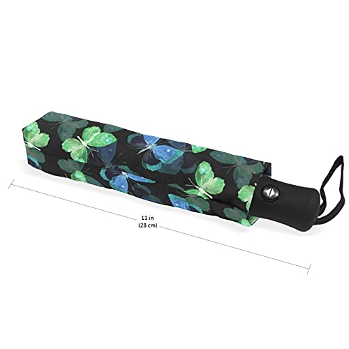 Mnsruu Folding Umbrella Blue Green Watercolor Butterfly Automatic Open And Close Travel Umbrella Compact Lightweight Windproof For Rain Sun Black Inside #TOP4