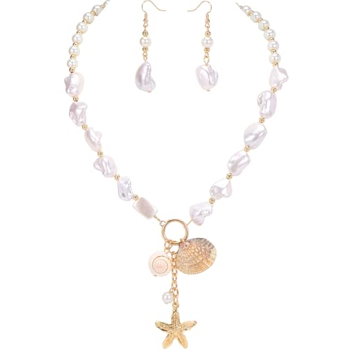Image of Coiris Natural Seashell Choker Necklaces Earrings Jewelry Set for Women Starfish Shell Freshwater Pearl Collar Necklaces for Women Irregular Mother of Pearl Jewelry Set