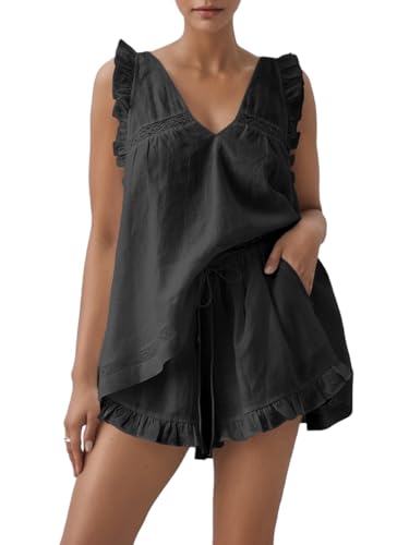 Image of Women's Summer Ruffle Short Sets Cotton Sleeveless Pajama Set | 2 Piece Outfits for Women, Lightweight Breathable Cotton, Relaxed Fit, for Bridesmaid, Party, Vacation and Daily Wear