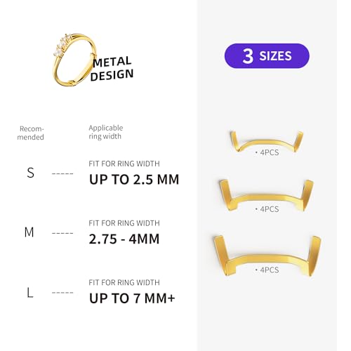 ELETIUO Filled Metal Ring Guard Set for Loose Rings,12 Pack 3 Sizes for Different Band Widths,Invisible Ring Size Adjuster Tightener Spacer Fitter for Any Ring Size,Golden+Silver Color