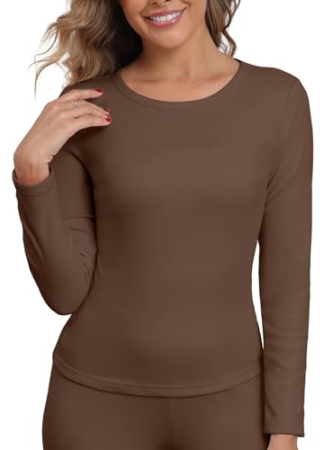 IWOLLENCE Thermo Unterhemd Damen Langarm Rundhals Fleece Warmes Thermo Top Damen Thermounterwäsche Ohne Etikett Weiches Thermooberteil Winterwäsche (Kaffee, M)