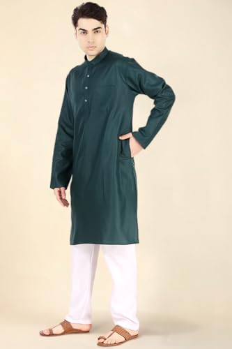 Image of Men's Cotton Solid Kurta Set Mandarin Collar Regular Fit Long Sleeves Ethnic Dress