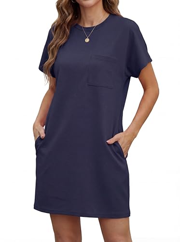 GRECERELLE Womens Summer Mini Dress - Thick Wrinkle-Free Short Sleeve T-Shirt Dress with Pocket - Summer Holiday Beach Party Sundress UK (Navy Blue, M)