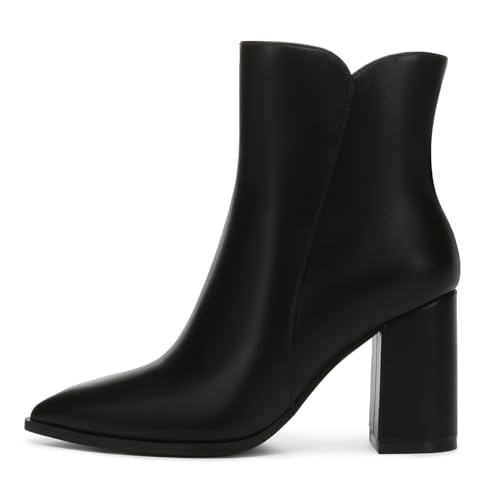 Athlefit Women's Heeled Ankle Boots Fashion Pointed Toe Chunky Block Heel Side Zipper Short Black Leather Boots Size 10 by Athlefit - Image 3