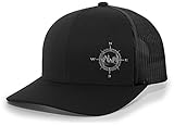 Men's Outdoors Compass Scenic Forest Woodland Embroidered Mesh Back Trucker Hat, Black/Black