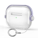 HEIGKOIK AirPods Pro2 ケース クリア AirPods Pro 第2/1世代 2023/2022/2019 用 TPU 保護ケース ロック付き LED可視 耐衝撃 ワイヤレス充電対応 カラビナ付き スタンド機能付き (透明+ライトパープル)