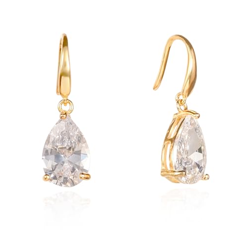 Namana Gold Dangly Earrings for Women and Teen Girls - 925 Silver With Pear Shaped White Stones, Gold Plated Teardrop Drop Earrings With Cubic Zirconia