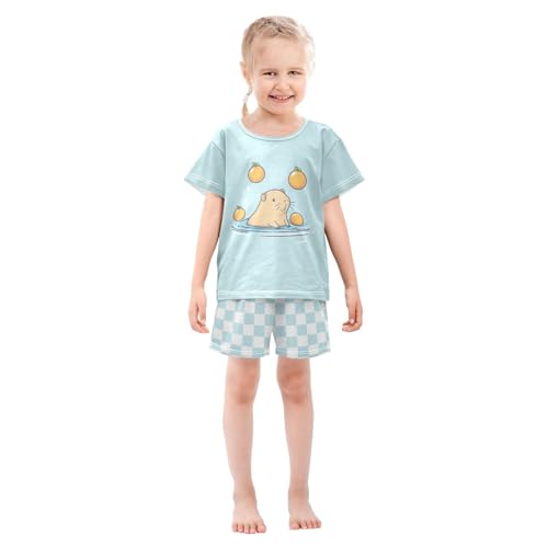 Checkerboard Plaid Capybara Oranges Pajama Set Short Sleeve Sleepwear Soft Pajamas Shorts Sets Cotton PJS 5Y3