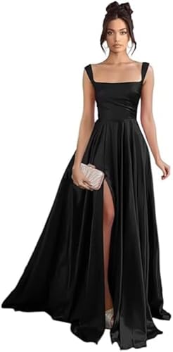 Spaghetti Straps Prom Dresses with Slit A-line Long Pleated Satin Bridesmaid Dresses with Pockets