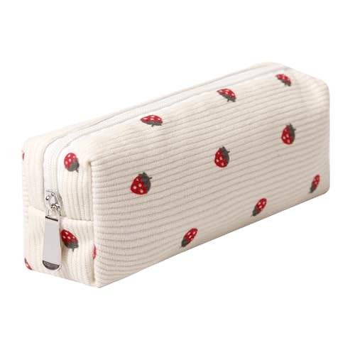 Image of Pencil Case Lightweight Aesthetic Pen Case Office College School Storage Bag Pouch Holder Box Organizer Makeup Pouch Cosmetic Bag for Girls Boys Kids (Flowers-Beige strawberry)