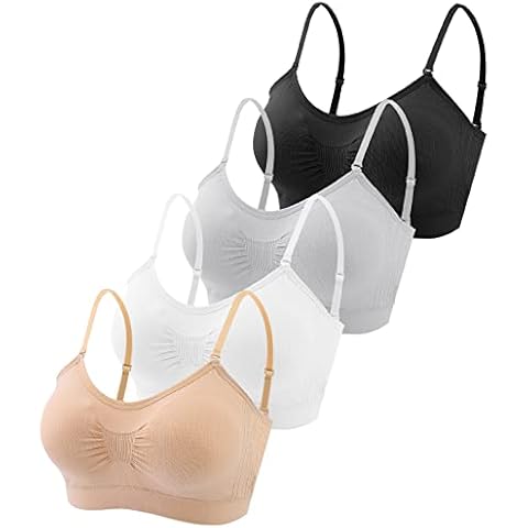 Omisy 4 Pieces V Neck Padded Bralette Cami Bra Wireless Tank Top Bra Sports Bra with Adjustable Straps, Black, White, Nude, Grey, Large Cover