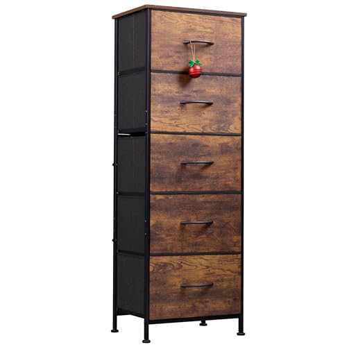 WLIVE Fabric Dresser for Bedroom, 5-Drawer Tall Dressers, Storage Organizer with Fabric Bins, Wood Top, Sturdy Steel Frame, Chest of Drawers for Closet, Hallway, Rustic Brown Wood Grain Print