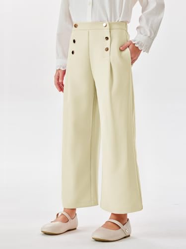 Image of Haloumoning Girls Wide Leg Pants Kids Fashion Elastic Waist Front Button Trousers with Pockets 5-14 Years