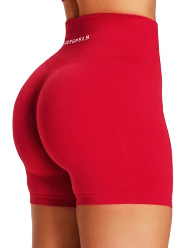 JOYSPELS Seamless Gym Shorts for Women UK - High Waist Womens Running Sports Yoga Workout Activewear Shorts Scrunch Bums Ruched Booty Shorts Cherry Red S